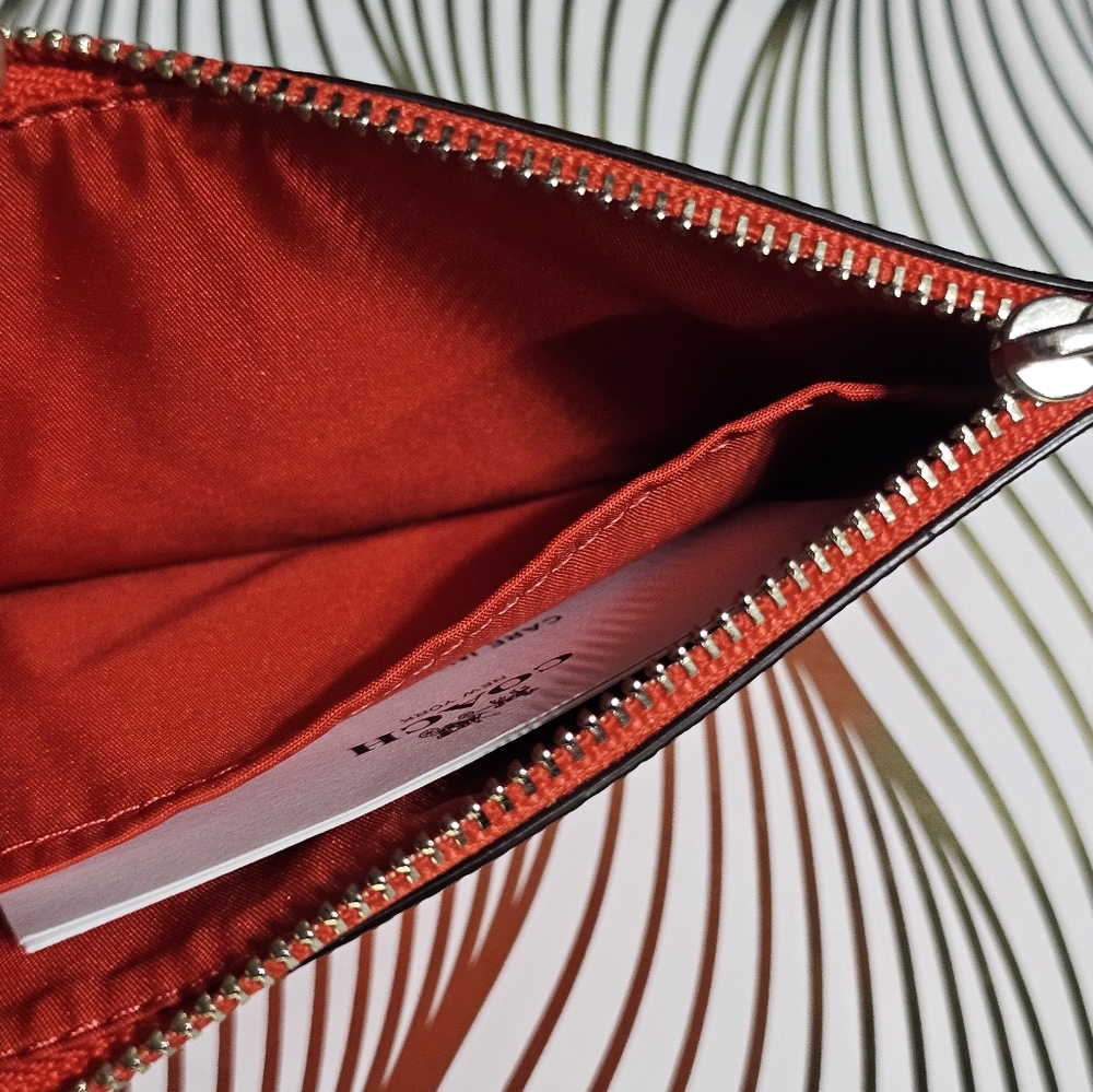 COACH F64064 KEY POUCH WITH GUSSET IN CROSSGRAIN LEATHER Bright Orange New 🧡🧡 - Picture 4 of 7